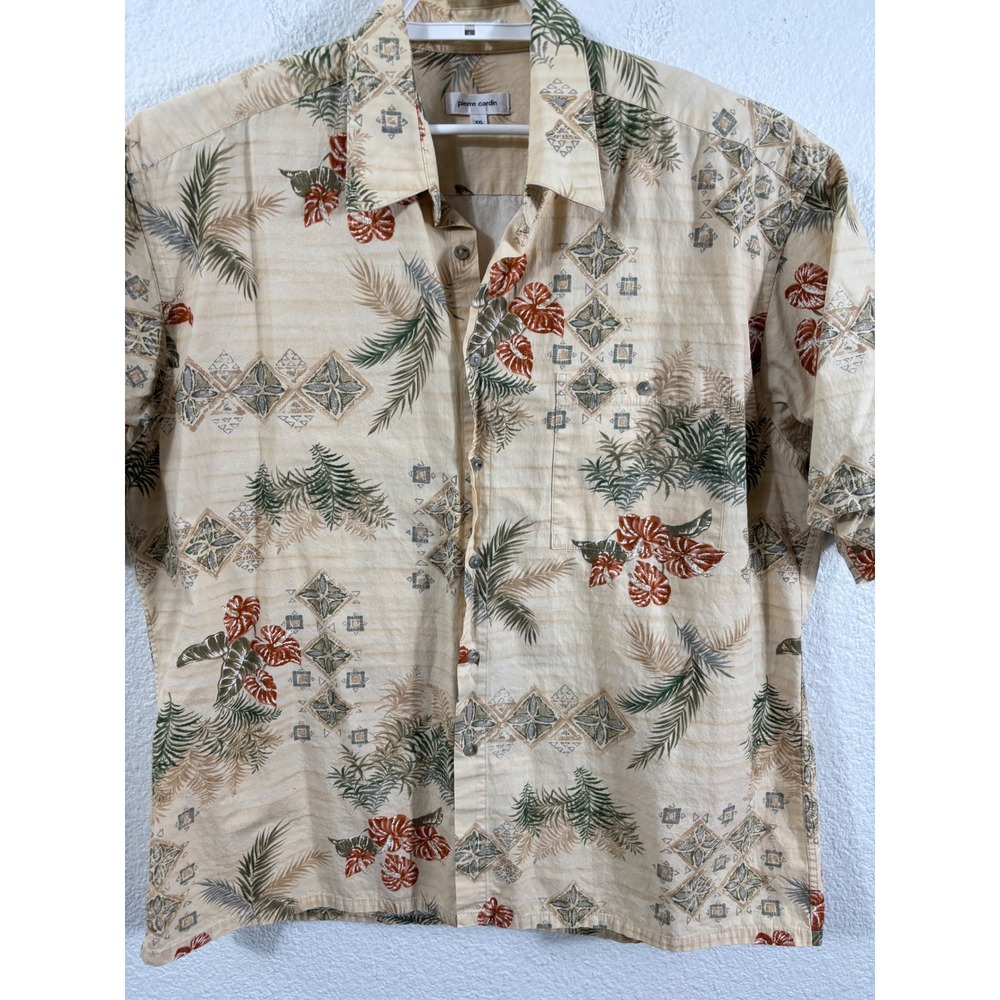 Pierre Cardin Mens‎ XXL Hawaiian Shirt Tan Tropical Palm Leaf Cotton Button Down